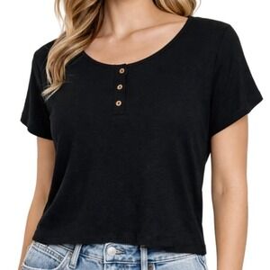 Target Womens Basic Black Ribbed Henley Short Sleeve Scoop Neck Cropped Top L